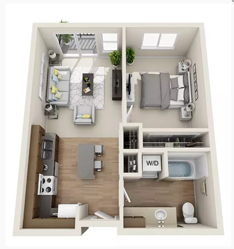 Floor plan for 1 bed, 1 bath, 700 sqft